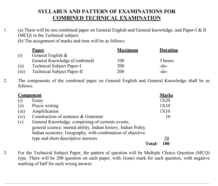 NPSC Combined Technical Services Exam Pattern